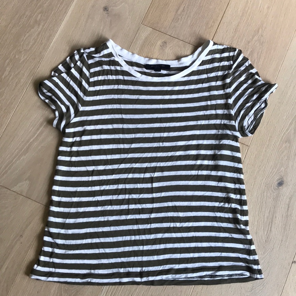 All Saints Olive & White Stripe Cold Shoulder T